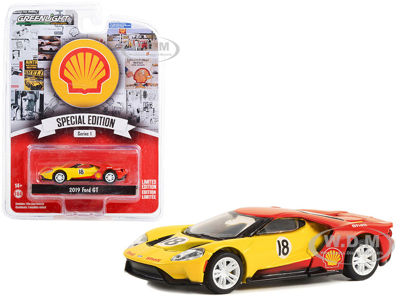2019 Ford GT #18 Yellow and Red Shell Oil Shell Oil Special Edition Series 1 1/64 Diecast Model Car by Greenlight 41125E