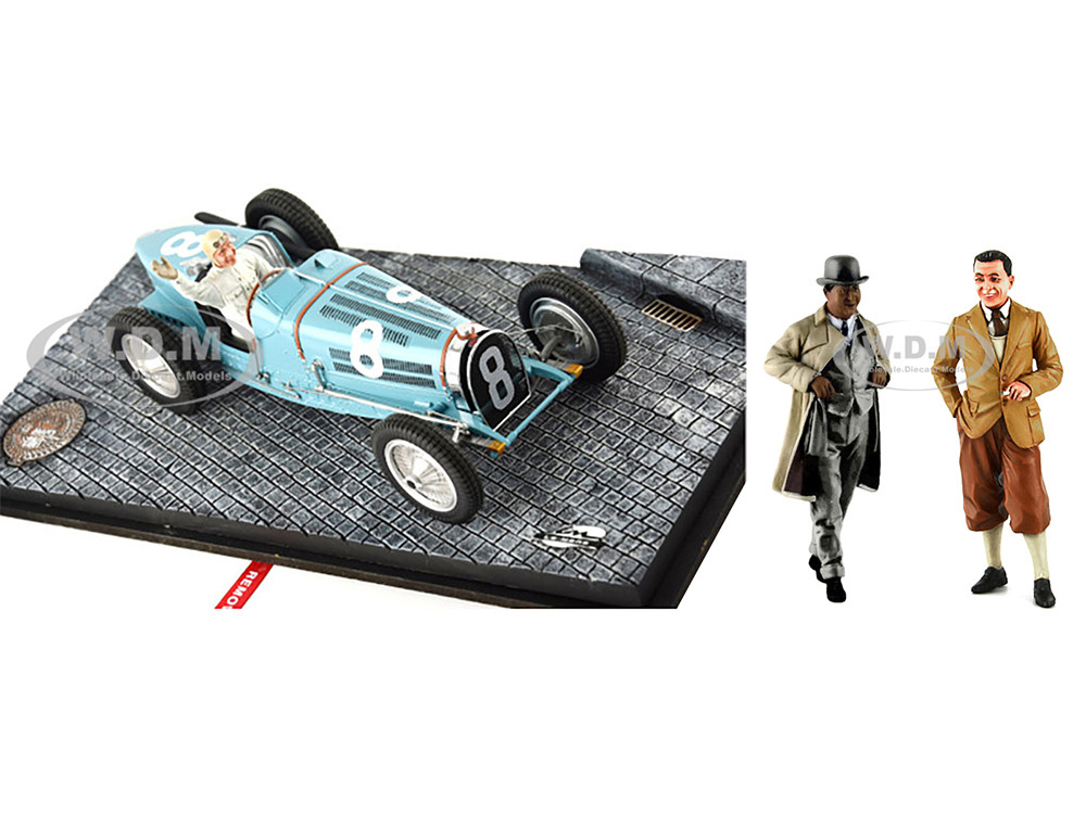 Bugatti T59 #8 Rene Dreyfus 3rd Place Monaco GP (1934) with Driver Mounted  and Etorre Bugatti and Jean Bugatti Figures 1/18 Models by Le Mans