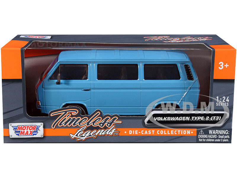 Motormax VW T3 Modellauto 1:24 | Blauer Bulli Mit öffnender Heckklappe & Drehbaren Rädern | Ca. 19 Cm Lang
