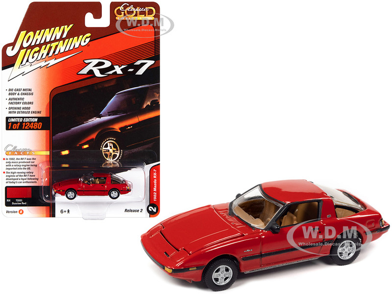 1982 Mazda RX-7 Sunrise Red Black Stripes Classic Gold Collection Series Limited Edition 12480 pieces Worldwide 1/64 Diecast Model Car Johnny Lightning JLCG029-JLSP244B