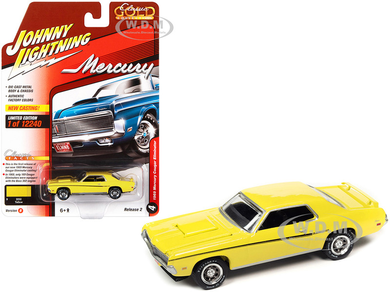 1969 Mercury Cougar Eliminator Yellow Black Stripes Classic Gold Collection Series Limited Edition 12240 pieces Worldwide 1/64 Diecast Model Car Johnny Lightning JLCG029-JLSP246B