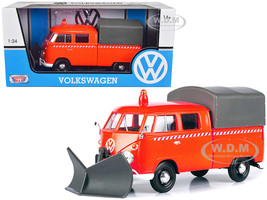 Volkswagen Type 2 T1 Pickup Truck Orange Snow Plow Camper Shell 1/24 Diecast Model Car Motormax 79593