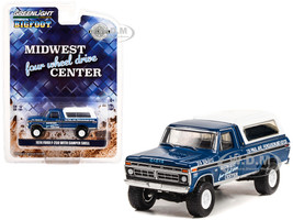 1974 Ford F-250 Pickup Truck Camper Shell Blue Metallic Black Stripes Bigfoot Midwest Four Wheel Drive Center Hobby Exclusive 1/64 Diecast Model Car Greenlight 30345