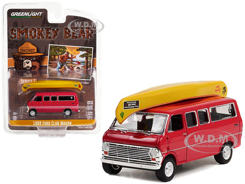 1969 Ford Club Wagon Van Red Canoe Roof Care Will Prevent 9 Out Of 10 Forest Fires Smokey Bear Series 1 1/64 Diecast Model Car Greenlight 38020D