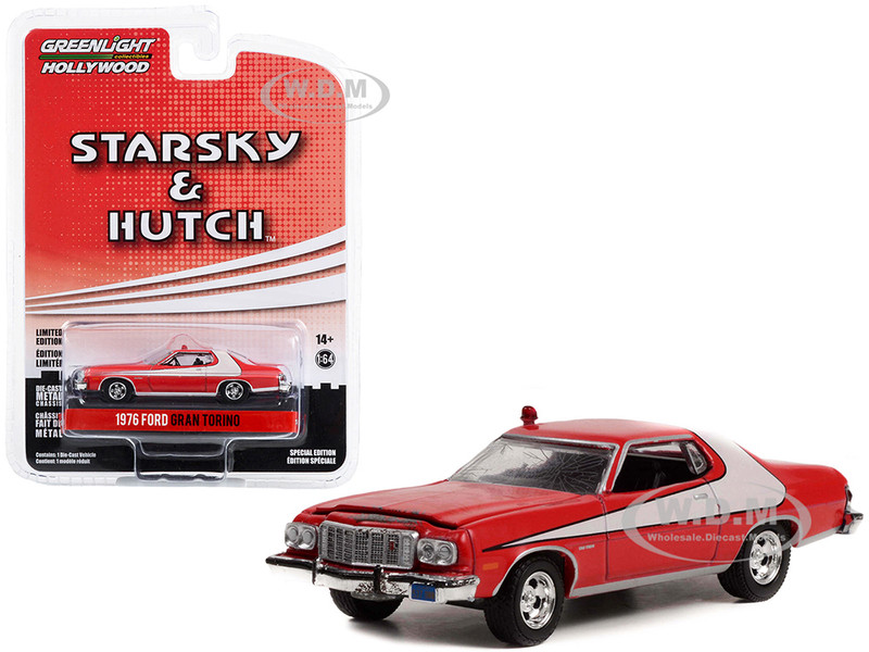 1976 Ford Gran Torino Red White Stripes Crashed Version Starsky and Hutch 1975-1979 TV Series Hollywood Special Edition Series 2 1/64 Diecast Model Car Greenlight 44955F