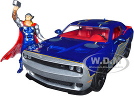 2015 Dodge Challenger SRT Hellcat Dark Blue Graphics Red Interior Thor Diecast Figure The Mighty Thor Marvel Series 1/24 Diecast Model Car Jada 32186