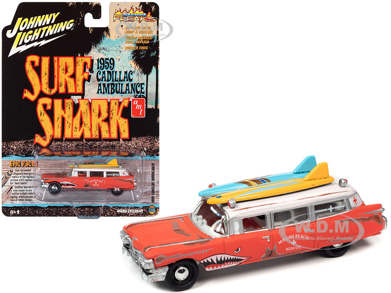 1959 Cadillac Ambulance Red White Top Malibu Beach Rescue Weathered Surfboards Roof Surf Shark Street Freaks Series 1/64 Diecast Model Car Johnny Lightning JLSP256