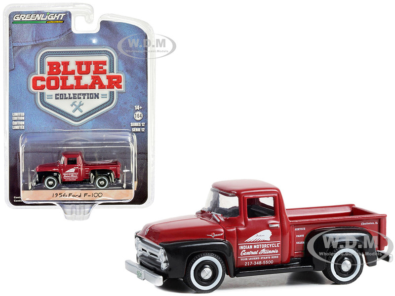 1956 Ford F 100 Pickup Truck Red and Black Indian Motorcycle Service Parts & Sales Blue Collar Collection Series 12 1/64 Diecast Model Car Greenlight 35260A