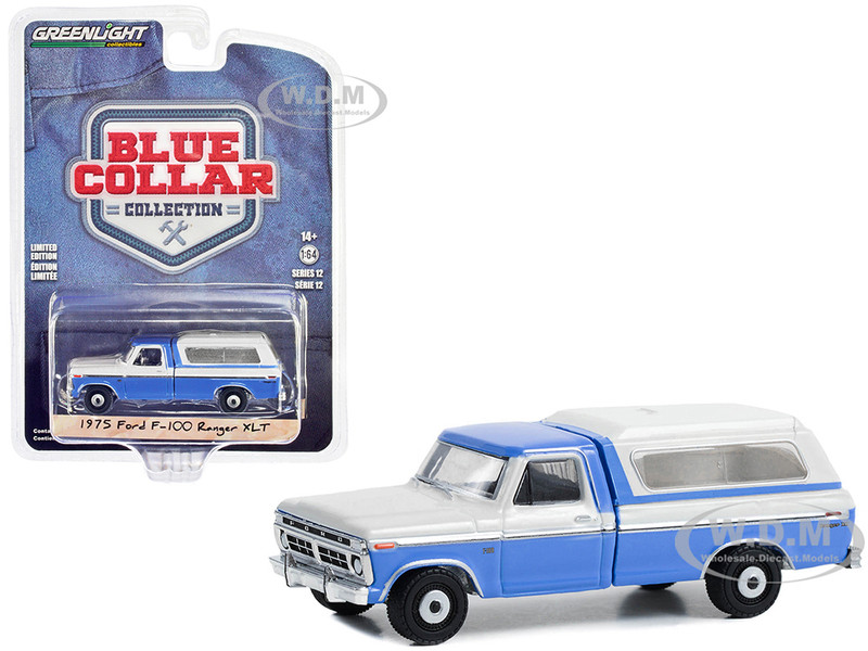 1975 Ford F 100 Ranger XLT Pickup Truck with Camper Shell Wind Blue and Wimbledon White Blue Collar Collection Series 12 1/64 Diecast Model Car Greenlight 35260B