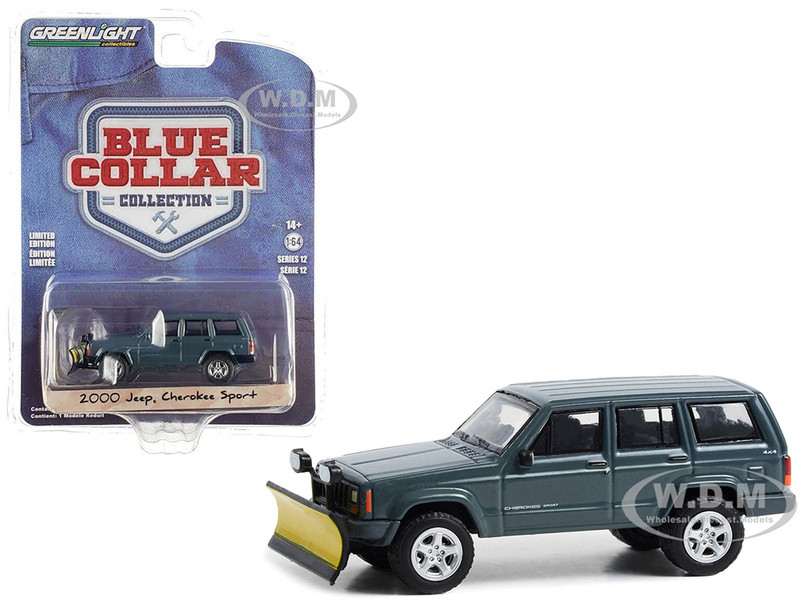 2000 Jeep Cherokee Sport with Snow Plow Dark Blue Blue Collar Collection Series 12 1/64 Diecast Model Car Greenlight 35260E