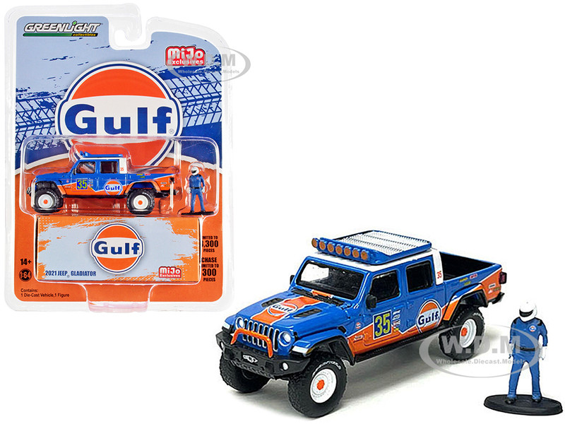 2021 Jeep Gladiator Pickup Truck #35 Gulf Oil Driver Figure Limited Edition 3300 pieces Worldwide 1/64 Diecast Model Car  Greenlight 51453