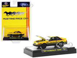 1987 Ford Mustang GT Custom Pearl Yellow Black Stripes Mustang Pace Car Limited Edition 7700 pieces Worldwide 1/64 Diecast Model Car M2 Machines 31500-HS31