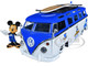 Volkswagen T1 Bus Blue  White Graphics Nostalgic Islands Ride the Wave Mickey Mouse Diecast Figure Surfboard Disney's Mickey Friends Hollywood Rides Series 1/24 Diecast Model Car Jada 33179