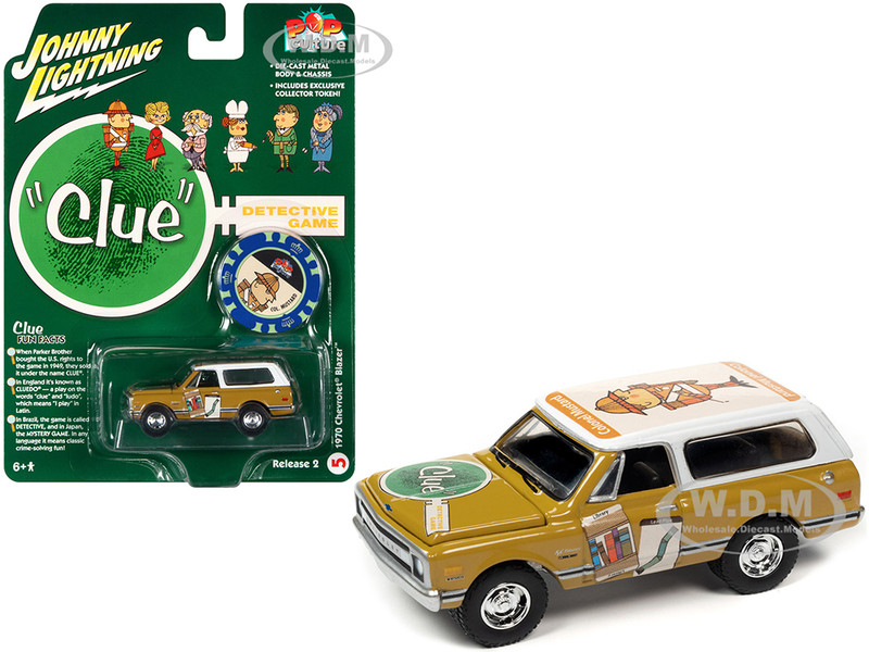 1970 Chevrolet Blazer Mustard Yellow White Top Colonel Mustard w/Poker Chip Collector's Token Vintage Clue Pop Culture 2022 Release 2 1/64 Diecast Model Car Johnny Lightning JLPC007-JLSP261