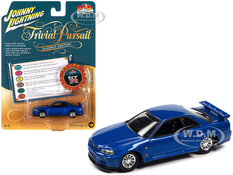 1999 Nissan Skyline GT-R RHD Right Hand Drive Blue Metallic Poker Chip Collector's Token Game Card Trivial Pursuit Pop Culture 2022 Release 2 1/64 Diecast Model Car Johnny Lightning JLPC007-JLSP262