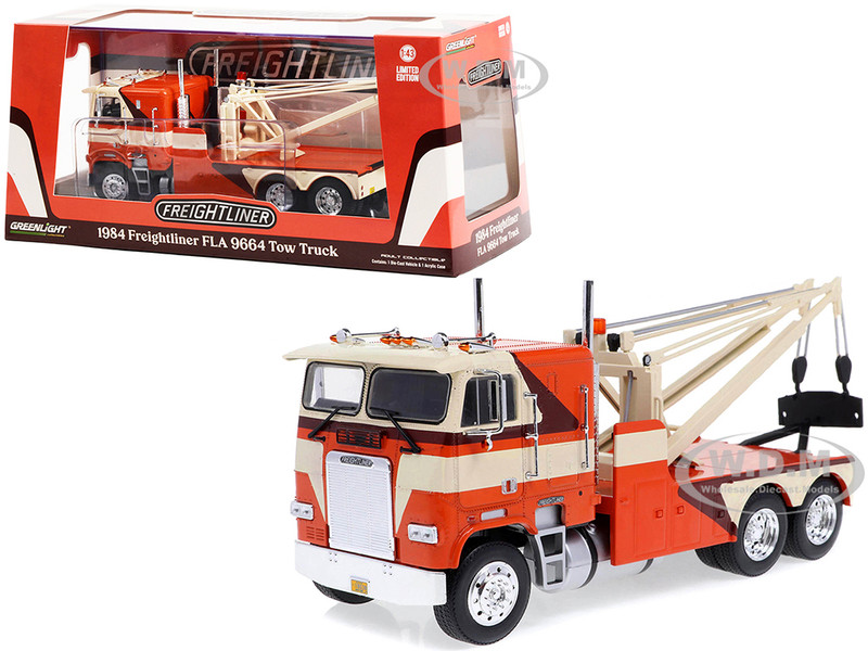 1984 Freightliner FLA 9664 Tow Truck Orange and White with Brown Graphics 1/43 Diecast Model Car Greenlight 86631
