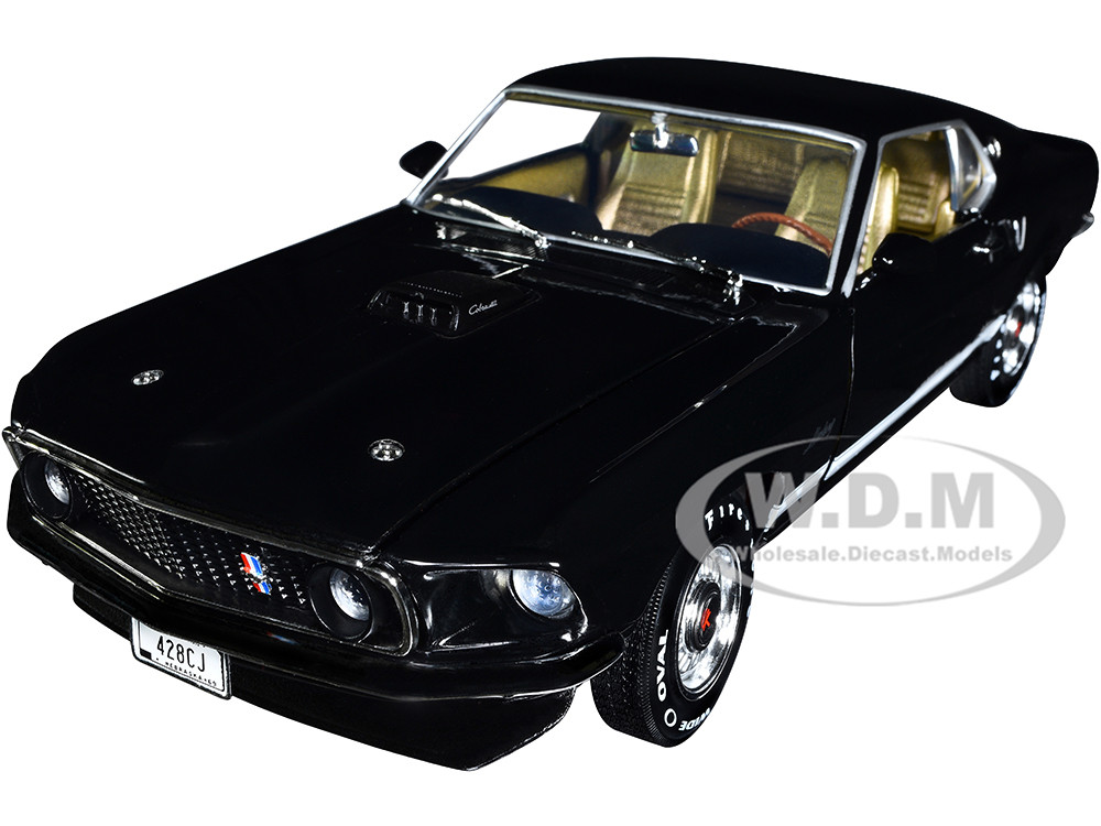 1969 Ford Mustang GT Raven Black with White Stripes and Gold Interior 1/18  Diecast Model Car Auto World AMM1292