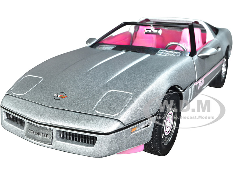 1986 Chevrolet Corvette Convertible Silver Metallic with Pink Interior Barbie Silver Screen Machines 1/18 Diecast Model Car Auto World AWSS142