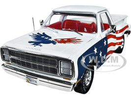 1980 Dodge D150 Adventurer Pickup Truck White with American Flag Graphics and Red Interior 1/18 Diecast Model Car Auto World AW310