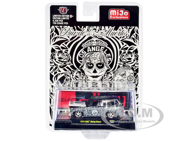 1973 GMC Jimmy Sierra Black Graphics Dia De Los Muertos Los Angeles Day of the Dead Limited Edition 8250 pieces Worldwide 1/64 Diecast Model Car M2 Machines 31500-MJS50