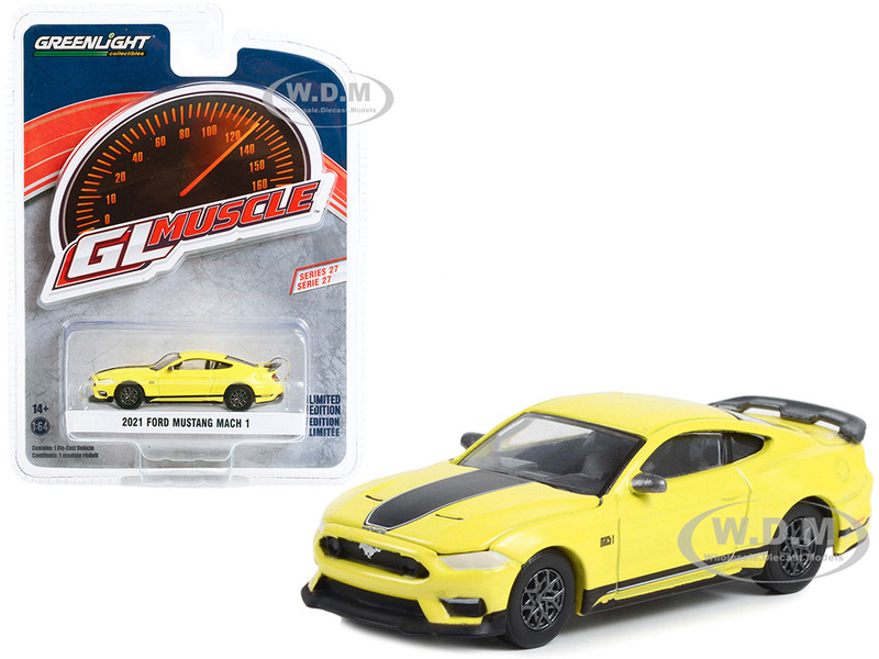 2021 Ford Mustang Mach 1 Grabber Yellow Black Stripes Greenlight Muscle Series 27 1/64 Diecast Model Car Greenlight 13320F