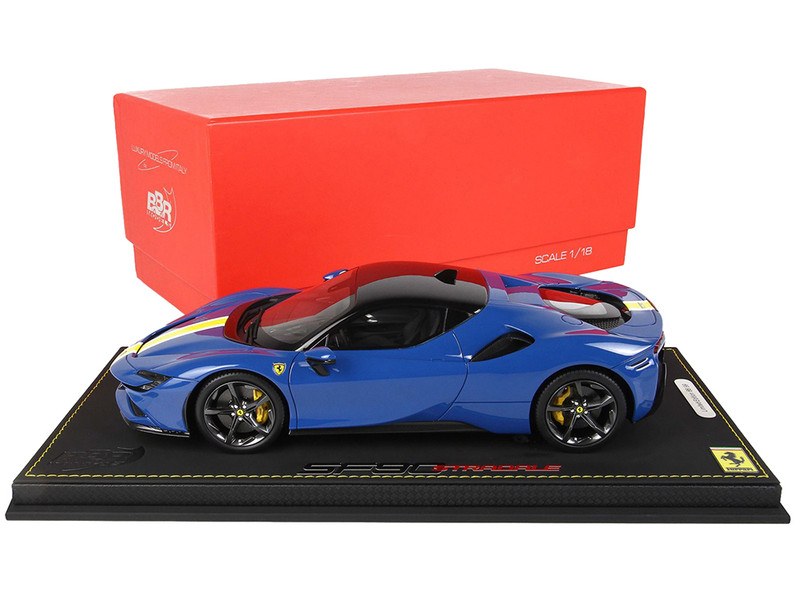 2019 Ferrari SF90 Stradale Azzurro Dino Blue Yellow White Stripes DISPLAY CASE Limited Edition 99 pieces Worldwide 1/18 Model Car BBR P18180F
