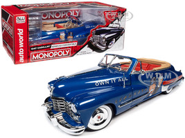 1947 Cadillac Series 62 Convertible Blue Metallic Red Interior Monopoly Graphics Mr. Monopoly Resin Figure 1/18 Diecast Model Car Auto World AWSS136