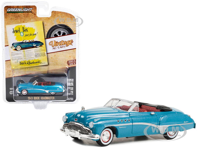 1949 Buick Roadmaster Blue Metallic Red Interior Jewel Box Just For You! Vintage Ad Cars Series 8 1/64 Diecast Model Car Greenlight 39110A