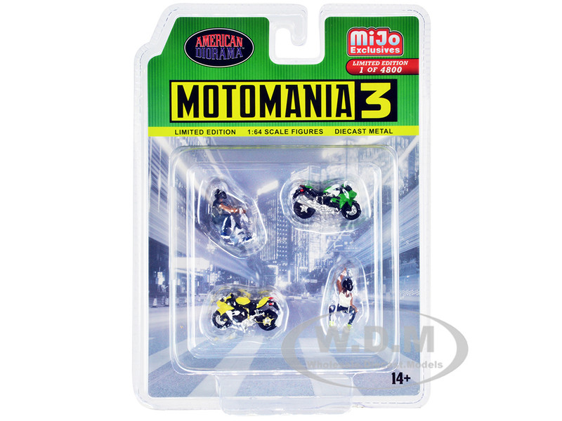 Motomania 3 4 piece Diecast Set 2 Figures 2 Motorcycles Limited Edition 4800 pieces Worldwide 1/64 Scale Models American Diorama AD-76499MJ
