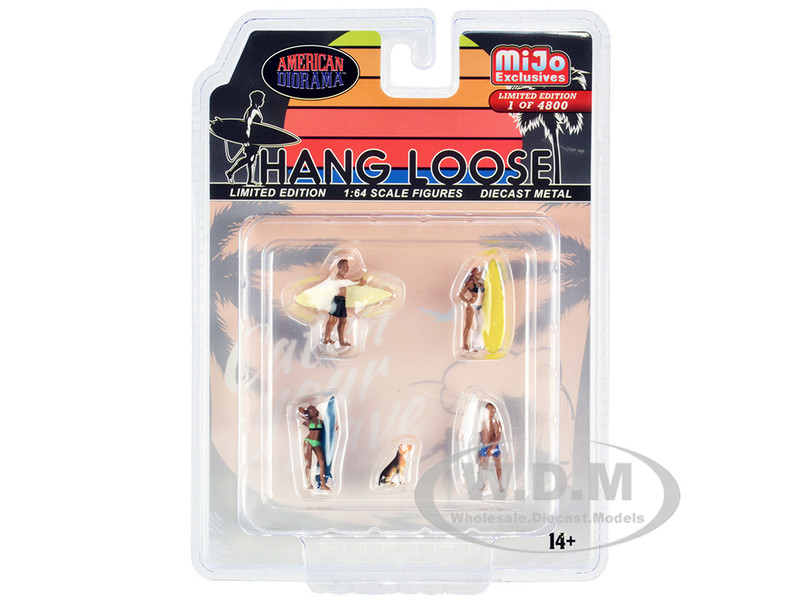 Hang Loose 5 piece Diecast Set 4 Surfer Figures 1 Dog Limited Edition 4800 pieces Worldwide 1/64 Scale Models American Diorama AD-76500MJ