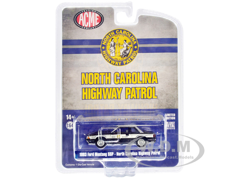 1993 Ford Mustang SSP Police Black Silver North Carolina Highway Patrol State Trooper 1/64 Diecast Model Car Greenlight ACME 51495