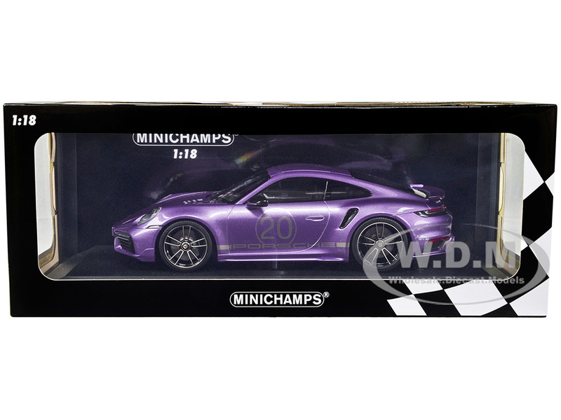 2021 Porsche 911 Turbo S SportDesign Package #20 Viola Purple Metallic Silver Stripes Limited Edition 504 pieces Worldwide 1/18 Diecast Model Car Minichamps 155069174