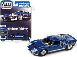1965 Ford GT40 MK1 Blue Metallic White Stripes Vintage Muscle Limited Edition 1/64 Diecast Model Car Auto World 64372-AWSP107B