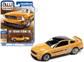 2012 Ford Mustang GT/CS Yellow Blaze Metallic Black Top Stripes Modern Muscle Limited Edition 1/64 Diecast Model Car Auto World 64372-AWSP112B