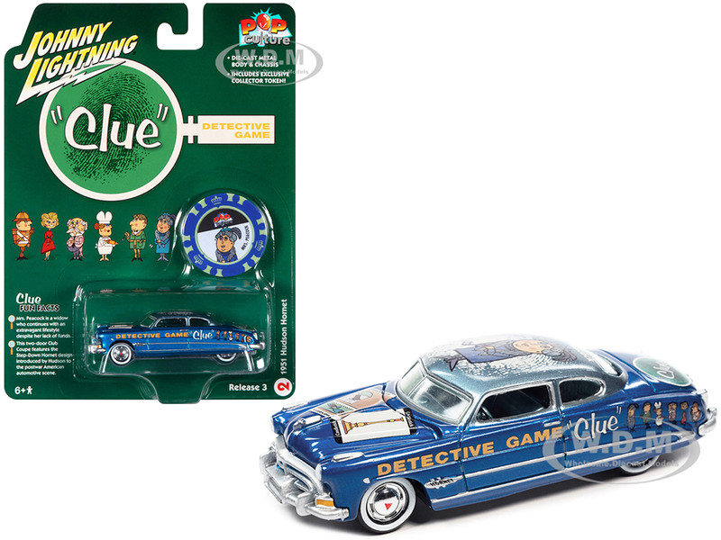1951 Hudson Hornet Blue Metallic Vintage Clue Mrs. Peacock Poker Chip Collector's Token Pop Culture 2022 Release 3 1/64 Diecast Model Car Johnny Lightning JLPC008-JLSP270