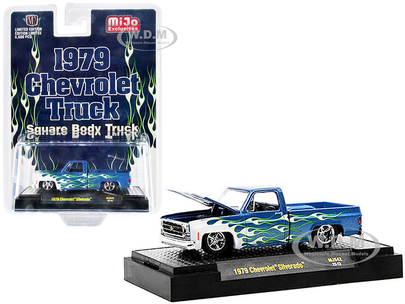 1979 Chevrolet Silverado Pickup Truck Blue White Flames Limited Edition 6600 pieces Worldwide 1/64 Diecast Model Car M2 Machines 31500-MJS42
