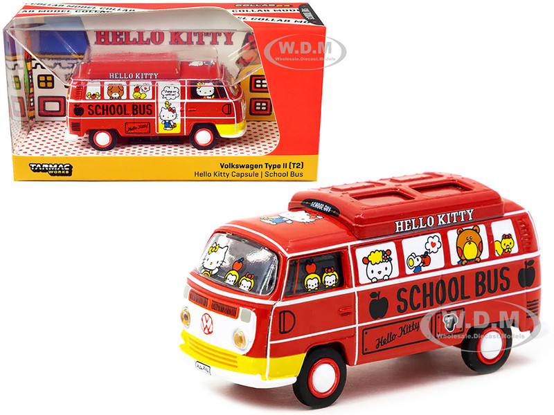 Volkswagen Type II T2 Van Red Hello Kitty Capsule School Bus Collab64 Series 1/64 Diecast Model Car Schuco & Tarmac Works T64S-010-HK