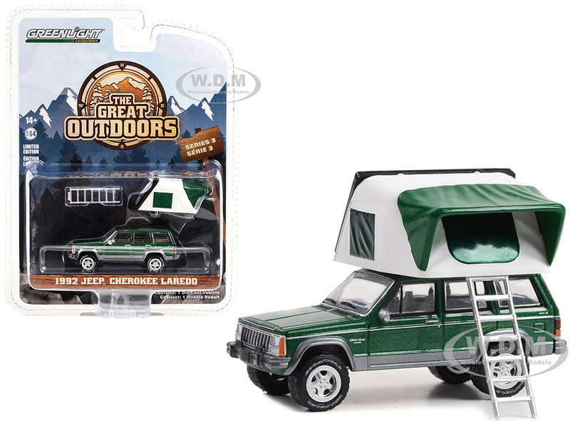 1992 Jeep Cherokee Laredo Hunter Green Metallic with White Interior and Modern Rooftop Tent The Great Outdoors Series 3 1/64 Diecast Model Car Greenlight 38050E