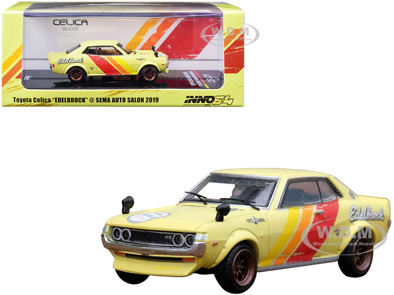 Toyota Celica 1600GT TA22 Yellow Stripes Weathered Edelbrock SEMA Auto Salon 2019 1/64 Diecast Model Car Inno Models IN64-1600GT-SEMA19