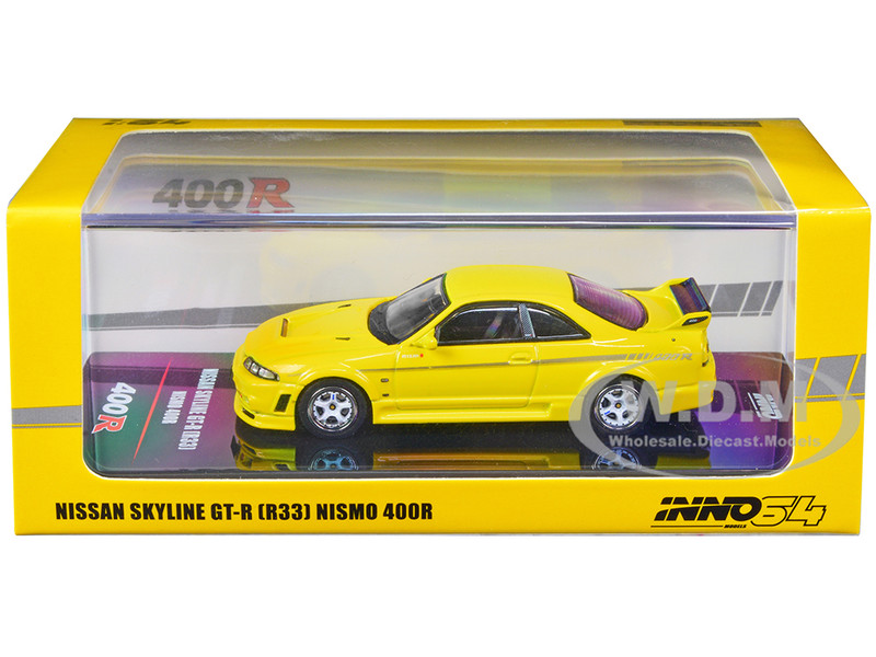 Nissan Skyline GT-R R33 Nismo 400R RHD Right Hand Drive Lightning Yellow Silver Stripes 1/64 Diecast Model Car Inno Models IN64-400R-LYL