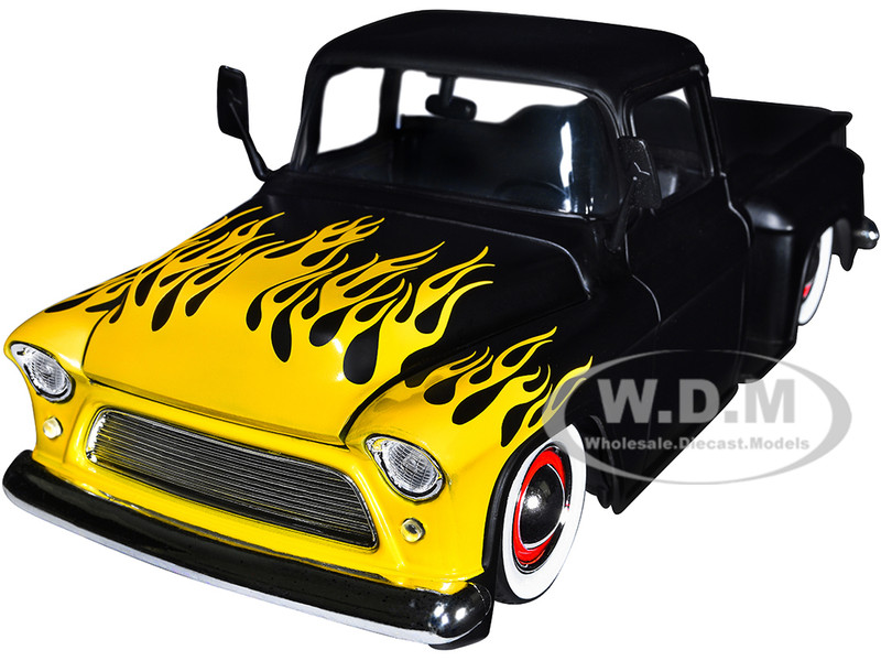 1955 Chevrolet Stepside Pickup Truck Matt Black Yellow Flames Just Trucks Series 1/24 Diecast Model Car Jada 34294