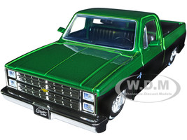 1985 Chevrolet C10 Pickup Truck Lowrider Green Metallic Black Street Low Series 1/24 Diecast Model Car Jada 34311