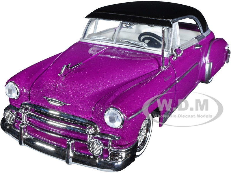 1950 Chevy Bel Air Lowrider Diecast Model – 1/24 Scale, Purple Metallic, Doors & Hood Open