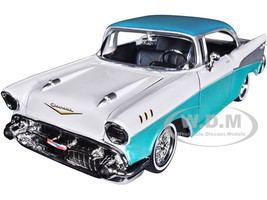 1957 Chevrolet Bel Air Lowrider Turquoise Metallic White Get Low Series 1/24 Diecast Model Car Motormax 79029