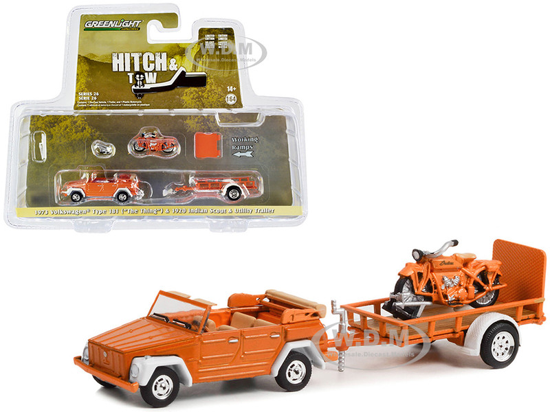 1973 Volkswagen Thing Type 181 Convertible Orange 1920 Indian Scout Motorcycle Orange Utility Trailer Hitch & Tow Series 26 1/64 Diecast Model Car Greenlight 32260C