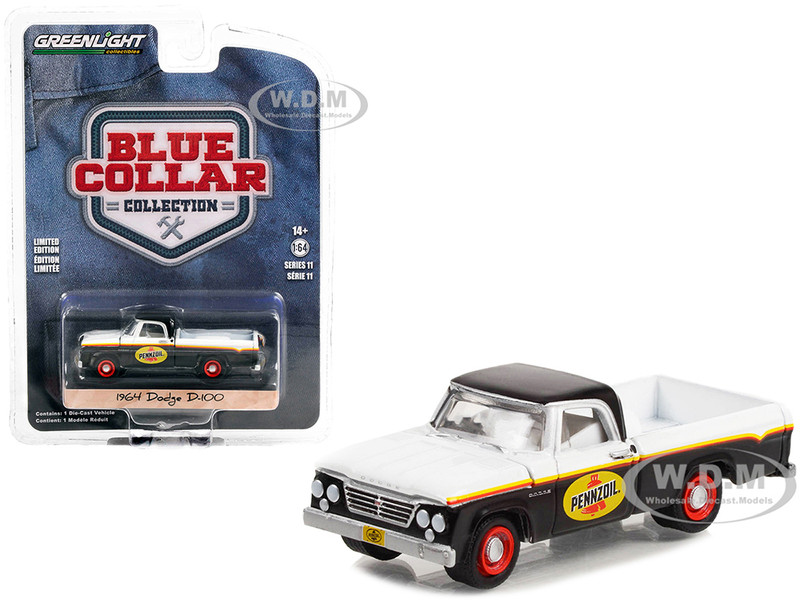 1964 Dodge D-100 Pickup Truck White Black Stripes Pennzoil Blue Collar Collection Series 11 1/64 Diecast Model Car Greenlight 35240A