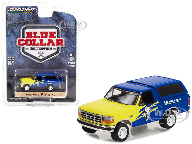 1996 Ford Bronco XL Blue Yellow Michelin Tires Blue Collar Collection Series 11 1/64 Diecast Model Car Greenlight 35240D