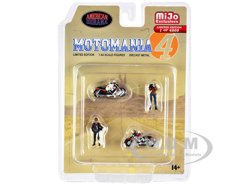 Motomania 4 4 piece Diecast Set 2 Figures 2 Motorcycles Limited Edition 4800 pieces Worldwide for 1/64 Scale Models American Diorama AD-76504MJ