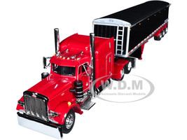 Peterbilt 359 Mid-Roof Sleeper Lode King Distinction Tri-Axle Hopper Trailer Spectra Red 1/64 Diecast Model DCP/First Gear 60-1266