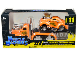1953 Mack B-61 Flatbed Truck #717 1941 Willys Coupe Gasser #717 Orange Metallic Mueller's Express Muscle Transports Series 1/64 Diecast Model Cars Muscle Machines 11544YL